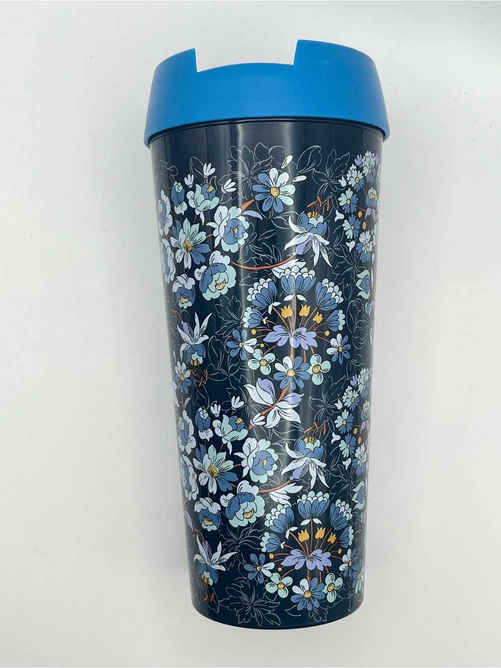 Vera Bradley Floral Travel Tumbler in Navy with Blue Lid